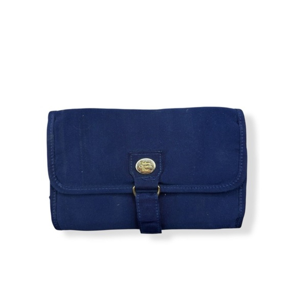 Christian Dior Navy Blue Nylon Clutch with Gold Accent and Built-in Mirror Vtg - Picture 2 of 5